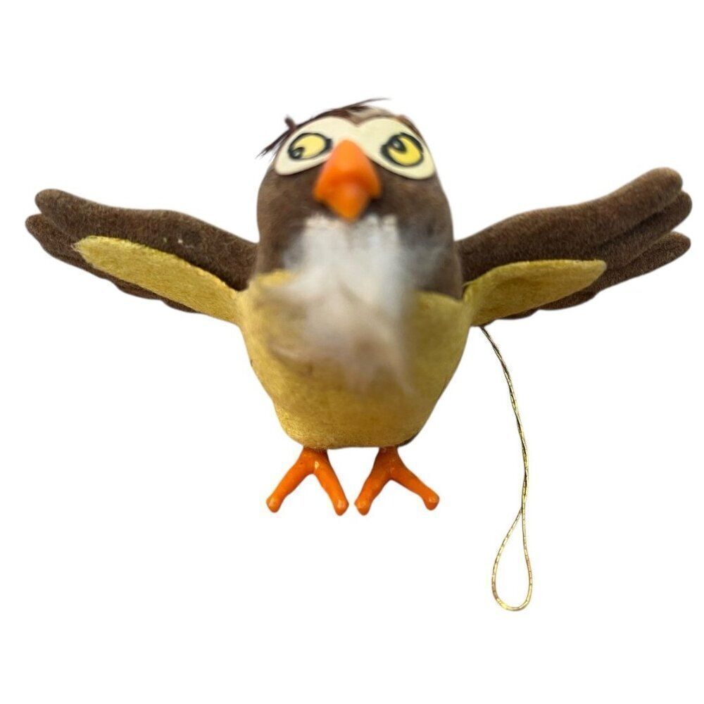 Walt Disney Flocked Owl Christmas Ornament Standing Figurine Hong Kong Vintage